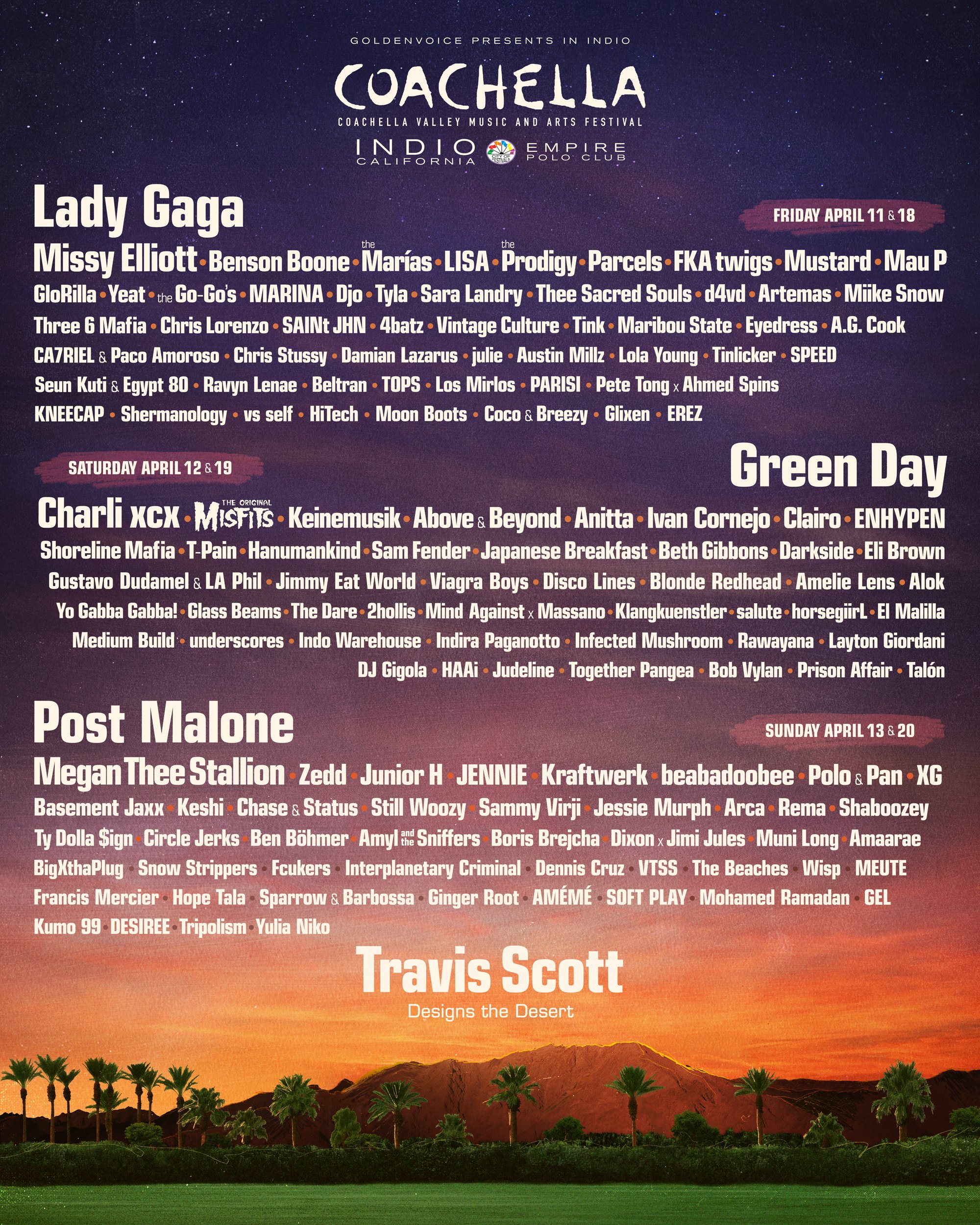 Lady Gaga, Green Day, Post Malone y Travis Scott encabezan Coachella 2025
