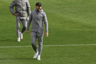 Simeone, durante el entrenamiento de este sábado. EFE/ Chema Moya