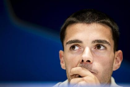 El jugador del Girona Miguel Gutierrez durante la rueda de prensa previa al partido de la Liga de Campeones contra el PSV Eindhoven. EFE/EPA/Koen van Weel