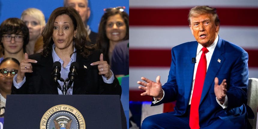 Combo de dos fotografías de la vicepresidenta estadounidense y candidata demócrata a la Casa Blanca, Kamala Harris (i), y su rival republicano, el expresidente Donald Trump. EFE/ Rebecca Droke/Jim Lo Scalzo