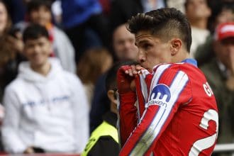 - El centrocampista del Atlético de Madrid Giuliano Simeone celebra su gol ante Las Palmas durante el partido de Liga disputado este domingo en el Metropolitano. EFE/Chema Moya