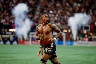 El delantero del Atlanta United Xande Silva celebra tras anotar contra el Inter Miami. EFE/ERIK S. LESSER
