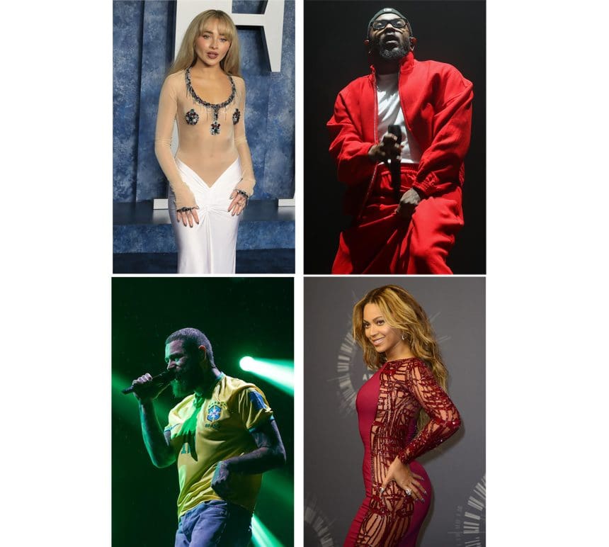 Combo de fotografías de archivo que muestra a los cantantes Sabrina Carpenter (arriba-i), Kendrick Lamar (arriba-d), Post Malone (abajo-i) y Beyoncé (abajo-d). Beyoncé lidera la lista de los nominados a la 67 edición de los Grammy con 11 menciones, seguida de Charli XCX, Billie Eilish, Kendrick Lamar y Post Malone, con siete nominaciones. EFE/ARCHIVO