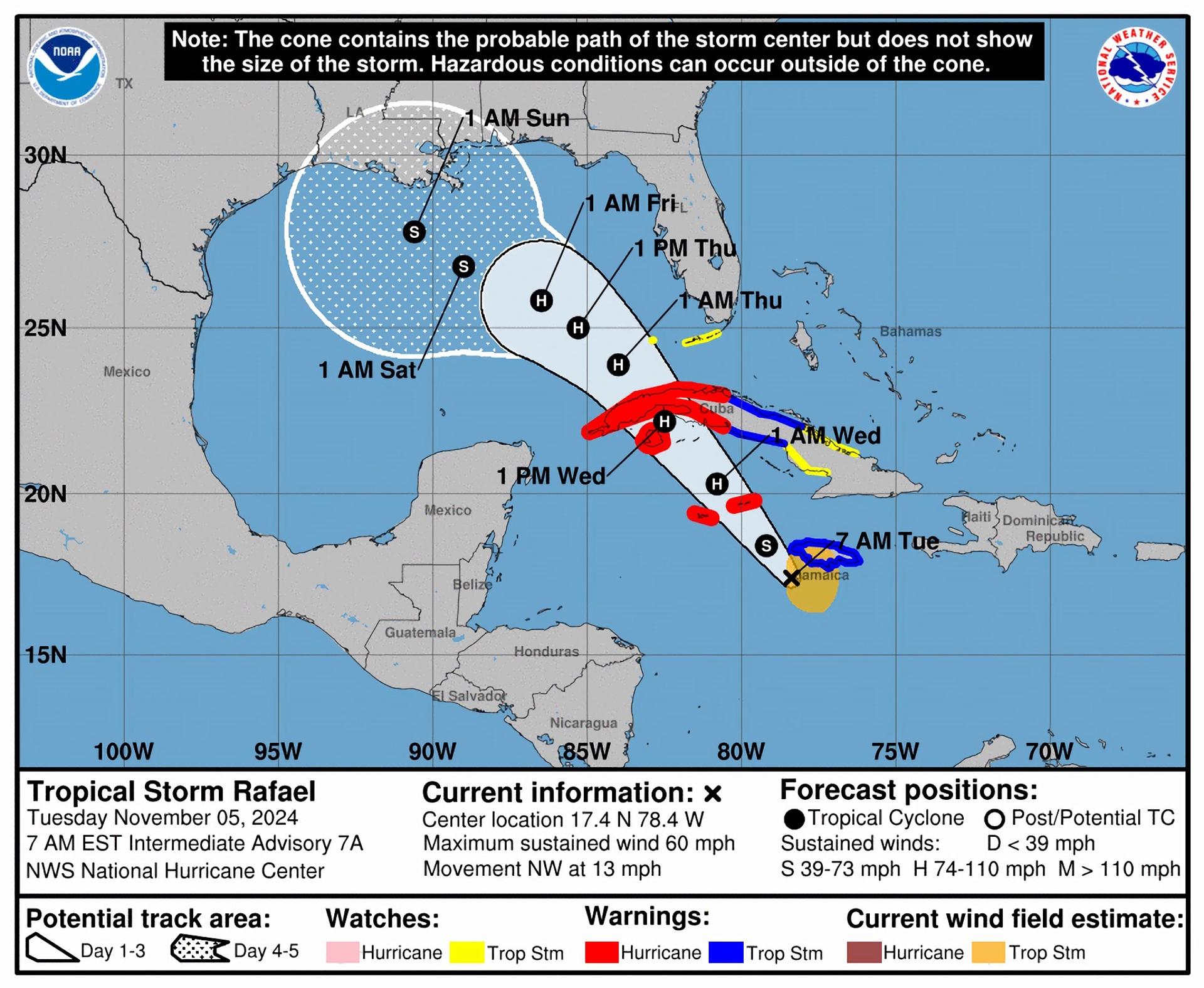Imagen cedida este martes por el Centro Nacional de Huracanes (NHC) estadounidense donde se muestra el pronóstico de cinco días de la trayectoria de la tormenta Rafael (i) en el Mar Caribe hacia el Golfo de México.EFE/NOAA-NHC /SOLO USO EDITORIAL /NO VENTAS /SOLO DISPONIBLE PARA ILUSTRAR LA NOTICIA QUE ACOMPAÑA /CRÉDITO OBLIGATORIO