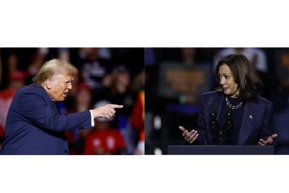 Combo de fotografías que muestra a la vicepresidenta estadounidense y candidata demócrata a la Casa Blanca, Kamala Harris (d), y al exmandatario republicano Donald Trump (2017-2021), durante reuniones con seguidores el pasado fin de semana en Milwaukee y East Lansing (EE.UU.). EFE/Jeffrey Phelps y CJ Gunther