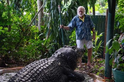 Fotografía de archivo del cuidador del centro Marineland Melanesia de Australia con Cassius, el cocodrilo en cautividad más grande del mundo según el Libro Guiness de los Récords, que falleció el 1 de noviembre. EFE/EPA/BRIAN CASSEY AUSTRALIA AND NEW ZEALAND OUT