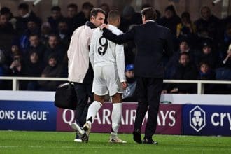 EL jugador del Real Real Madrid Kylian Mbappe logra el 0-1 durante el partido de la UEFA Champions League que han jugado Atalanta BC y Real Madrid, en Bérgamo, Italia. EFE/EPA/MICHELE MARAVIGLIA