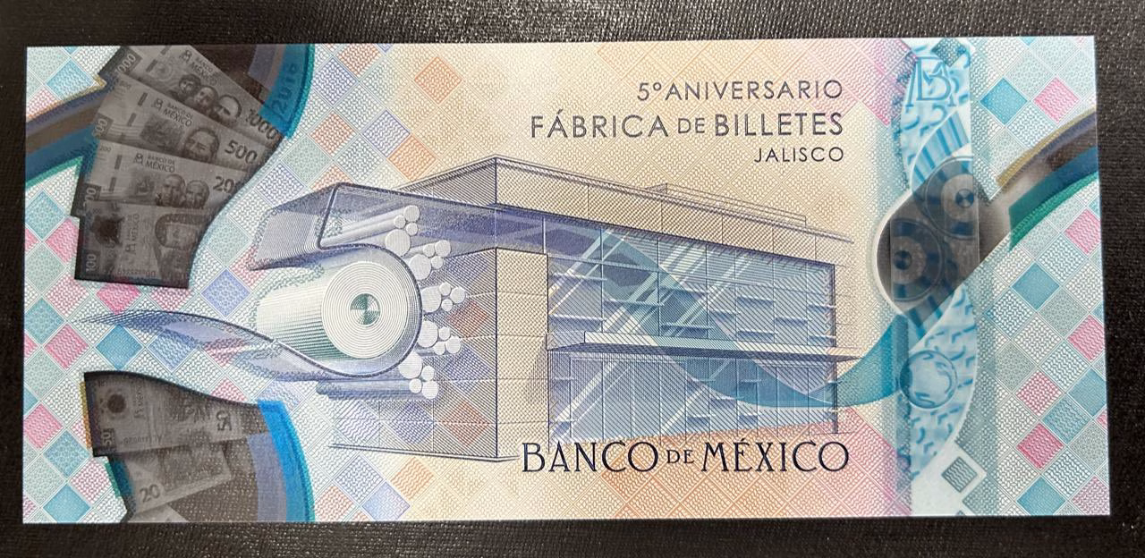 Billete conmemorativo por el 5 aniversario de la Fábrica de Billetes de Jalisco