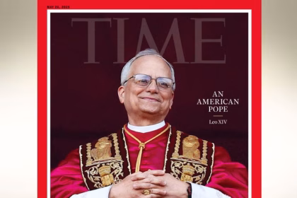Fotografía tomada de una publicación en la cuenta de X de la revista @TIME donde se muestra una portada con la imagen del papa León XIV y el texto "Un papa americano". EFE/@TIME