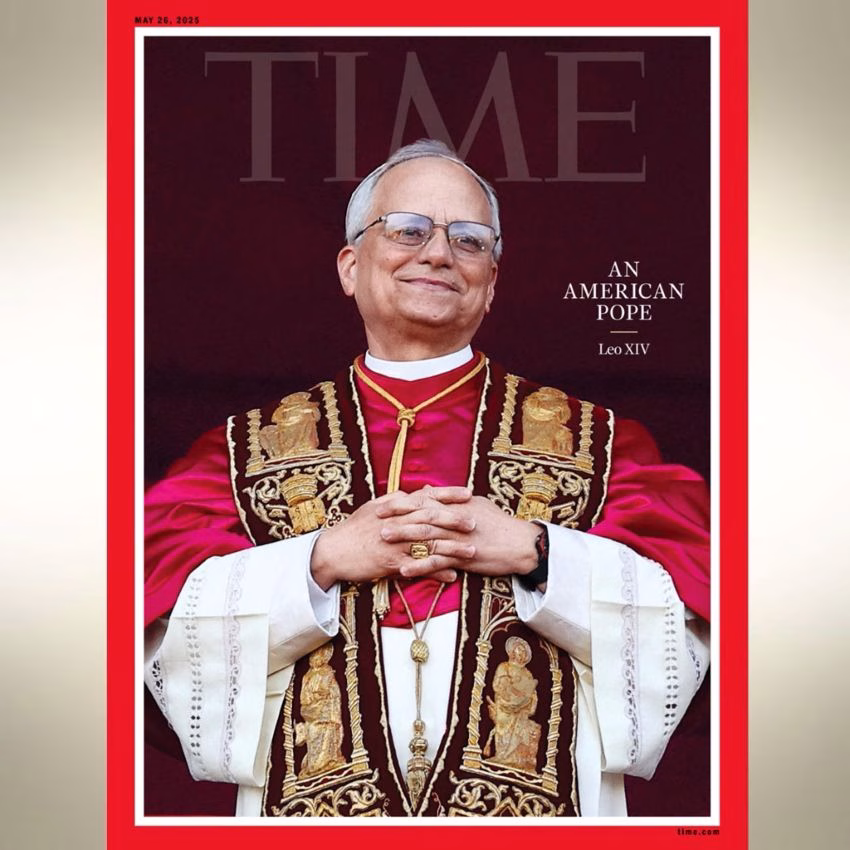 Fotografía tomada de una publicación en la cuenta de X de la revista @TIME donde se muestra una portada con la imagen del papa León XIV y el texto "Un papa americano". EFE/@TIME
