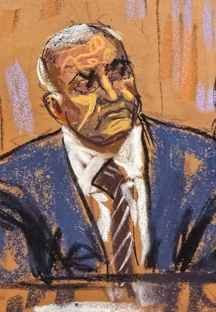 Reproducción fotográfica de un dibujo realizado por la artista Jane Rosenberg del exsecretario de Seguridad Pública mexicano, Genaro García Luna, durante un juicio, en el Tribunal Federal de Brooklyn en Nueva York (EE. UU). Imagen de archivo. EFE/Jane Rosenberg