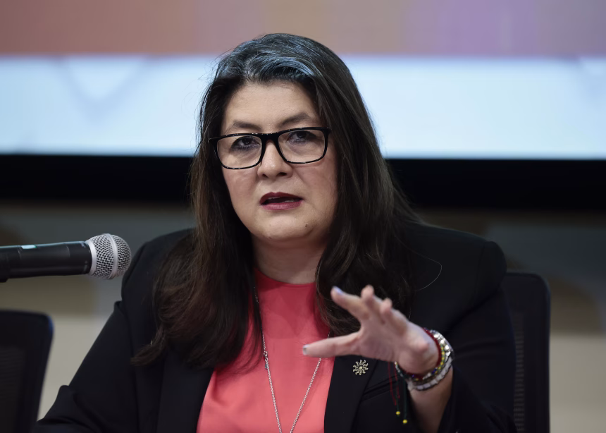 La integrante de la Comisión Representativa ante Organismos de Seguridad Social, Cristina Zoé Gómez, habla este miércoles durante una rueda de prensa en Ciudad de México (México). EFE/José Méndez