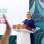 La presidenta de México, Claudia Sheinbaum, habla durante una rueda de prensa este viernes en el municipio de Zapopan en Jaisco (México). EFE/Francisco Guasco