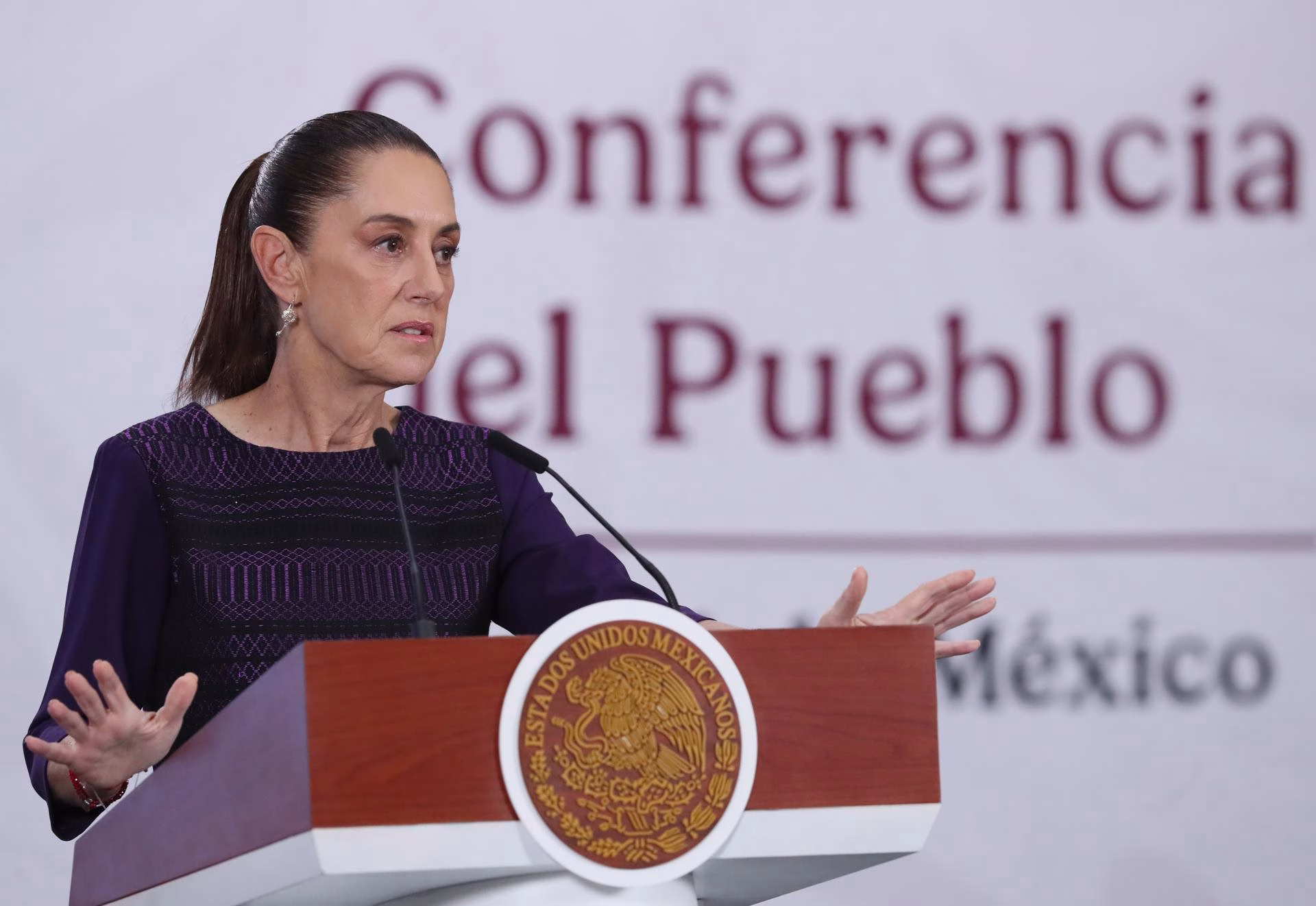 La presidenta de México, Claudia Sheinbaum habla este viernes durante una rueda de prensa matutina en Palacio Nacional de la Ciudad de México (México). EFE/Mario Guzmán