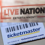 Combo de fotografías de archivo que muestra el logo de Live Nation Entertainment en la puerta de una oficina en Nueva York, y de un tiquete de ticketmaster.  EFE/ Justin Lane/ Andrew Gombert