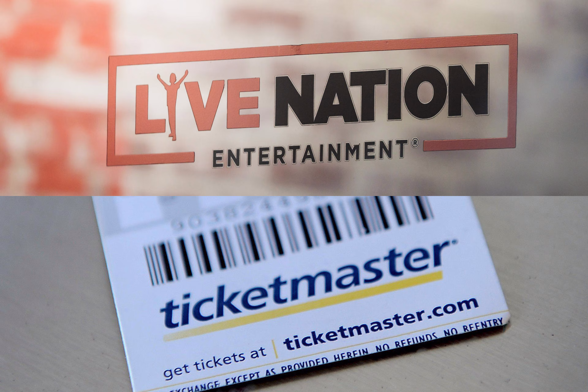 Combo de fotografías de archivo que muestra el logo de Live Nation Entertainment en la puerta de una oficina en Nueva York, y de un tiquete de ticketmaster.  EFE/ Justin Lane/ Andrew Gombert